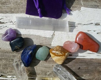 7pc Chakra Alignment Tumbled Crystal Set Selenite Charging Stick Purple Velvet Bag Gemstone Wicca Reiki New Age Meditation Yoga Healing Gift