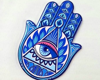Blue Evil Eye Hamsa Hand Ceramic Coaster Wall Hanging Witchy Wicca Witch Occult Altar Talisman Pagan Decor