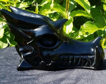 Large Black Obsidian Dragon Skull Spirit Totem Carved Polished Crystal Healing Reiki Wicca Chakra Witch Dragon Symbol