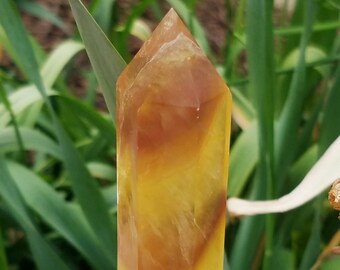 Enchanting Yellow Rainbow Fluorite Crystal Tower Generator Point Wand Reiki Charged Chakra Metaphysical Decor Gemstone Sacred Geometry Grid