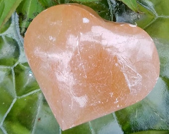 Peach Selenite Heart Crystal Polished Carved 1.8" Moon Crystal Healing Chakra Cleansing Salt Clearing Meditation Meaning Natural Charging