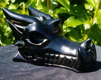 Large Black Obsidian Dragon Skull Spirit Totem Carved Polished Crystal Healing Reiki Wicca Chakra Witch Dragon Symbol