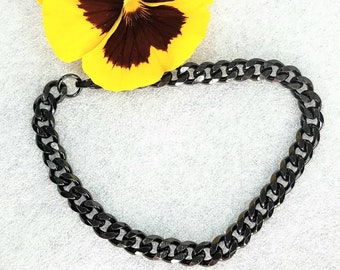 Black Bracelet Stainless Steel Curb Chain Jewelry Mens Womens 8.5" 7mm Heavy Thick Waterproof Chain Hypoallergenic Jewelry Making Charms