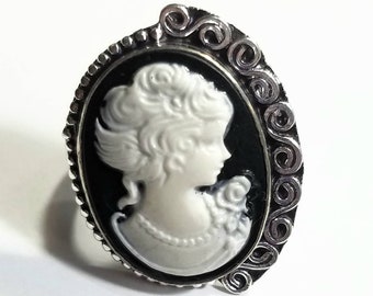 Cameo Black & White Ring Crystal Stone Gemstone Size 7 Bali Sterling Silver Hand Made Large Reiki Chakra Moon Goddess Healing Moonstone
