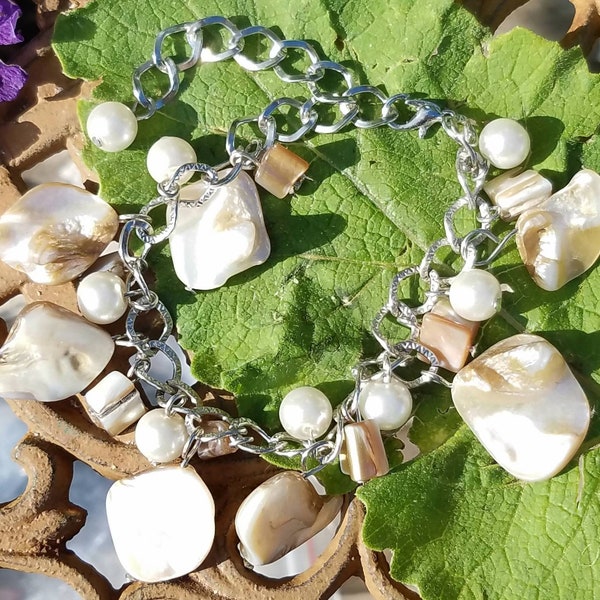 Bracelet Biwa Pearl MOP Bali Mother of Pearl Shell Dangle Charm Silver Goddess Jewelry Crystal Occult Reiki Chakra Strength Heal