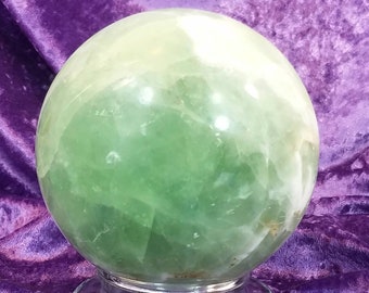 Large Natural Green White Fluorite Crystal Ball Sphere Stone Reiki Healing With Stand Rainbow Portal Charged Shiller Chakra Energy