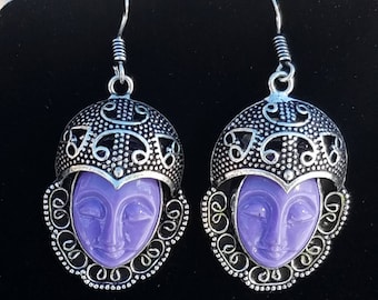Purple Goddess Face Crystal Bali Silver Earrings Gemstone Occult Jewelry Witch Pagan Wicca Chakra Metaphysical Occult Reiki