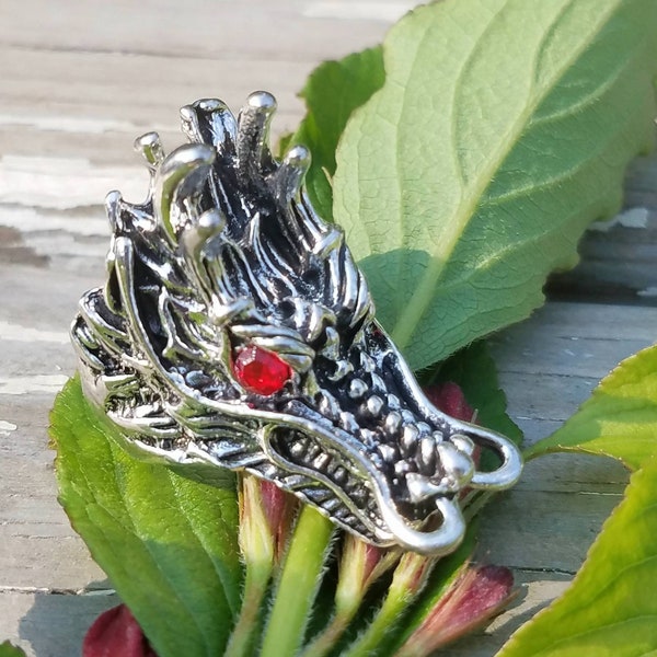 Dragon Energy Ruby Crystal Eyes Ring Gothic Men or Womens Sz 10 Dramatic Large 3D Wicca Pagan Occult Reiki Charged Goddess Jewelry 8.75