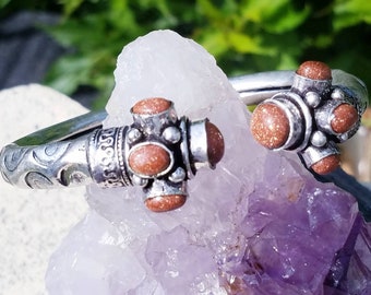 Goldstone Gemstone Cuff Bracelet Crystal Bali Sterling Silver Hand Crafted Reiki Chakra Crown Moon Energy Healing Psychic Stone