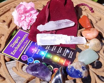 7pc Chakra Alignment Tumbled Crystal Set Selenite Charging Stick Burgundy Velvet Bag Gemstone Wicca Reiki Meditation Yoga Healing Gift