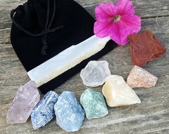 Black Velvet Bag Chakra Kit Crystal Set Raw Gemstone Selenite Amethyst Quartz Wicca Reiki Clear Quartz Meditation Yoga Healing Gift