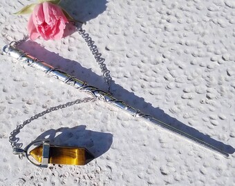 Wand Magic Magical Enchanted Pendulum Tigers Eye Tiger Iron Dowsing Hand Crafted Magick Witch Pagan Wiccan Wicca Craft Spell Altar Tool