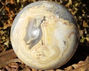 Ocean Jasper Orbicular Crystal Ball Sphere 81mm Atlantis Stone Stand Orb Gray Yellow Specimen Collectors Water Element Energy Sea Goddess