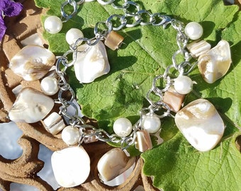 Bracelet Biwa Pearl MOP Bali Mother of Pearl Shell Dangle Charm Silver Goddess Jewelry Crystal Occult Reiki Chakra Strength Heal