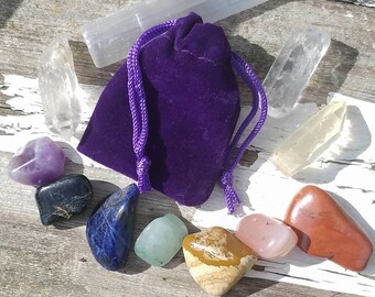 7pc Chakra Alignment Tumbled Crystal Set Selenite Charging Stick Purple Velvet Bag Gemstone Wicca Reiki New Age Meditation Yoga Healing Gift