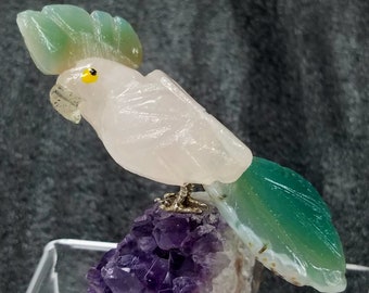 Parrot Bird Totem Statue Cockatoo Amethyst Cluster Decor Hand Carved Stone Quartz Crystal Cluster Natural Talisman Totem Reiki Healing Stone