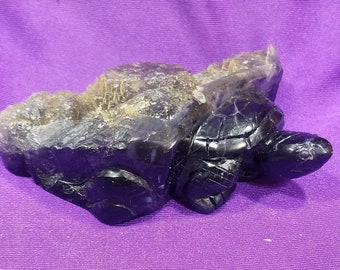 Turtle Tortoise Totem Blue Purple Fluorite Rainbow Stone Statue Spirit Animal Crystal Hand Carved Earth Water Elements Adapt Manifest Create