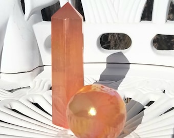 2 Enchanting Angel Aura Orange Selenite Crystals Ball Tower Set Sphere Gemstone Chakra Home Decor Feng Shui Stone of Plentitude Altar Witch