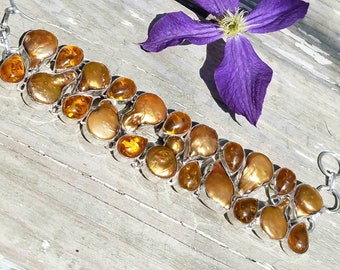 EPIC! Bracelet Amber Biwa Pearl Handmade Treasure Stone Goddess Moon Energy Crystal Sterling Silver Reiki Chakra Strength Heal