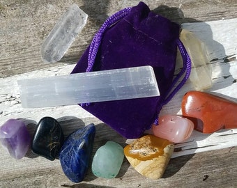 7pc Chakra Alignment Tumbled Crystal Set Selenite Charging Stick Purple Velvet Bag Gemstone Wicca Reiki New Age Meditation Yoga Healing Gift