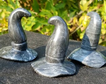 Large Black Stone Crystal Hand Carved Witch Hat Halloween All Hallows Eve Wicca Pagan Gemstone Magic Magick Altar Wiccan Decor Decoration