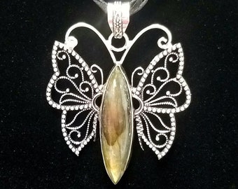 Labradorite Butterfly Stone Pendant Necklace Crystal Gemstone Sterling Silver Chakra Moon Goddess Energy Healing Moonstone