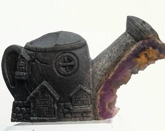 Amethyst Fairy Door House Tea Pot Portal to the Fae Enchanted Hand Carved Clear Quartz Crystal Cluster Stone Magical Realm Pixie Mystical
