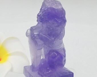 Lion Statue Crystal Goddess Fluorite Carving Figurine Hand Carved Purple Hand Made Crafted Stone Altar Fairy Garden Gargoyle