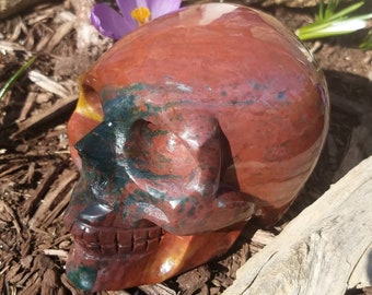 Large Red Jasper Skull Decor Carved Stone Green Crystal Natural Large Talisman Totem Reiki Infused Healing Stone Chakra Metaphysical Meaning