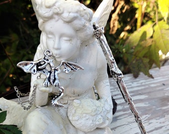 Silver Magical Enchanted Pendulum Dragon Spirit Guardian Wand Dowsing Hand Crafted Magick Witch Pagan Wiccan Wicca Craft Spell Altar Tool
