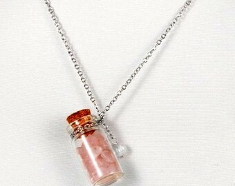Rose Quartz Bottle Necklace Pendant Crystal Gemstone Chakra Heart Healing Metaphysical Meditation Yoga Wicca Moon Reiki