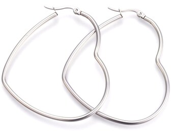 Stainless Steel Large Heart Hoop Earrings 2.25in Silver Moon Goddess Metal of Protection Reiki Healing Hypoallergenic