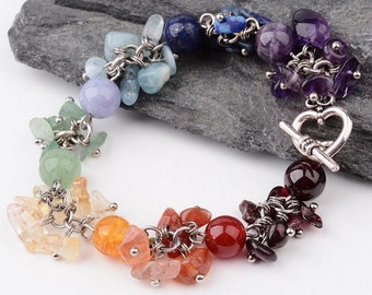 Chakra Dangle Chip Gemstone Crystal Bracelet Toggle Clasp Heart Yoga Meditation Healing Amethyst Citrine Aventrine Carnelian Gift Christmas