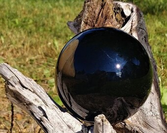 Large Black Obsidian Sphere Crystal Ball Orb Scrying Divination Witchcraft Wicca Witches Occult Magic Crystal Healing Reiki 80mm Wood Stand