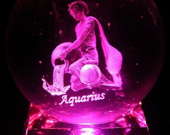 Aquarius Crystal Ball Zodiac Glass Sphere 60mm Horoscope Symbol Sign Laser Engraved Chakra Large Reiki Healing Metaphysical Meaning Gemstone