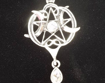 Triple Goddess Crescent Moon Pentagram Holy Trinity Necklace Silver Stainless Steel HANDMADE FREE Gift Bag Pagan Wicca Witch