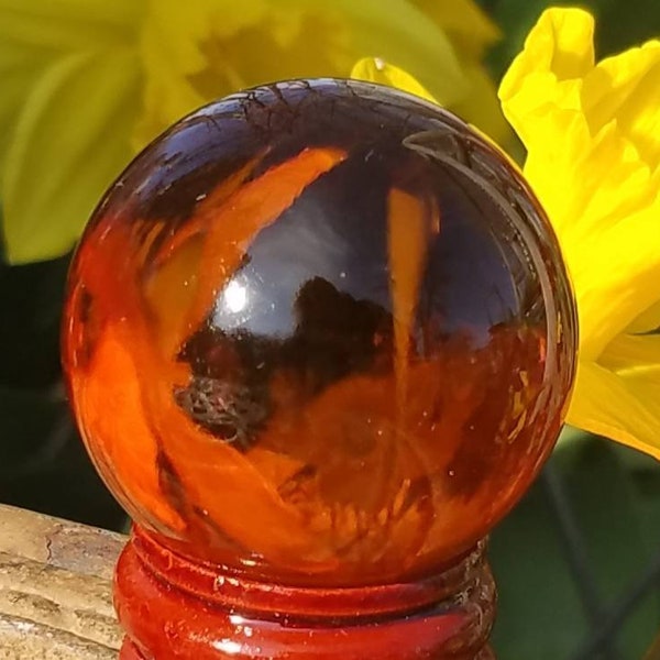 Amber Orange Glass Crystal Ball Wood Stand Dainty Travel Bag 40mm Divination Gazing Sphere Scrying Orb Wiccan Pagan Divination Reiki Heal