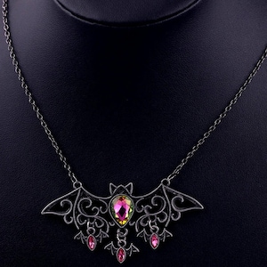 Bat Crystal Pendant Necklace Vintage Silver Halloween Pink All Hallows Eve Moon Goddess Energy Witch Pagan Wicca Goth Boho Wiccan Occult