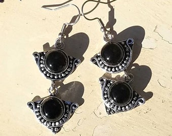 Obsidian Earrings Bali Sterling Silver Goddess Blue Flash Hand Made Gemstone Witch Pagan Wicca Chakra Metaphysical Meaning Reiki Charged