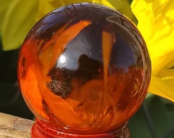 Amber Orange Glass Crystal Ball Wood Stand Dainty Travel Bag 40mm Divination Gazing Sphere Scrying Orb Wiccan Pagan Divination Reiki Heal