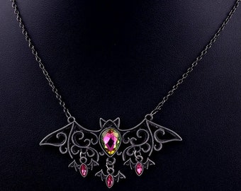 Bat Crystal Pendant Necklace Vintage Silver Halloween Pink All Hallows Eve Moon Goddess Energy Witch Pagan Wicca Goth Boho Wiccan Occult
