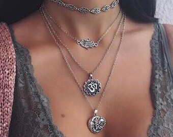 Multilayer Layered Ohm Chakra  Hamsa Charm Necklace Antique Silver Hamsa Hand Symbol Sun And Moon Face