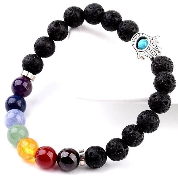 Chakra Healing Lava Hamsa Hand Gemstone Crystal Bracelet Men Women Meditation Yoga New Age Holistic Stone Meaning Aroma Gift
