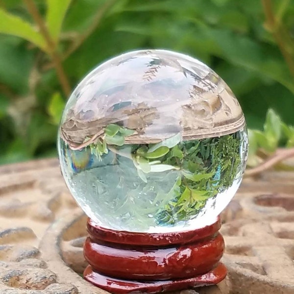Clear Glass Crystal Ball Wood Stand Dainty Travel Bag 40mm Divination Gazing Sphere Scrying Orb Wiccan Pagan Divination Tool Reiki Healing