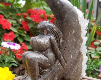 Enchanting Fairy Goddess Moon Figure Hand Carved Clear Quartz Special Hand Made Crafted Crystal Cluster Stone Divine Feminine Altar Cluster