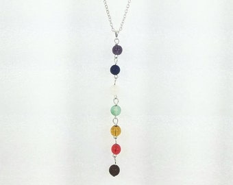 Chakra Crystal Silver Y Necklace Gemstone Amethyst Lapis Aventurine Jasper Quartz Wicca Reiki Clear Quartz Meditation Yoga Healing Gift
