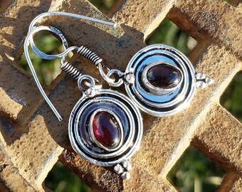 Garnet Earrings Bali Sterling Silver Goddess Blue Flash Hand Made Gemstone Witch Pagan Wicca Chakra Metaphysical Meaning Reiki Charged