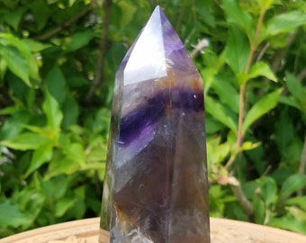 Yellow Purple Fluorite Crystal Tower Generator Point Wand Reiki Charged Chakra Metaphysical Meaning Gemstone Sacred Grid Stone Quartz