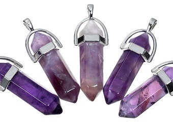 Amthyst Silver Pendant Necklace Crystal Double Point Terminated Yoga Chakra Meditation Witch Wicca Gemstone