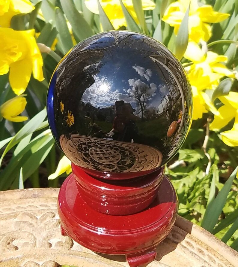 Large Black Glass Crystal Ball Wood Stand Gift Boxed 80mm Etsy